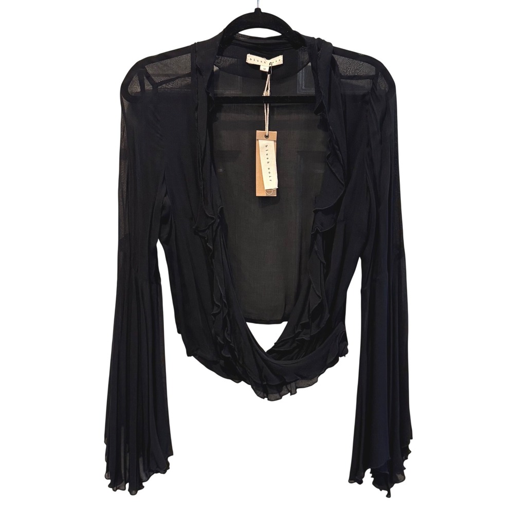 Blush Noir Black Gauze Bell Sleeve Ruffle Wrap Top BLU809 NWT Medium